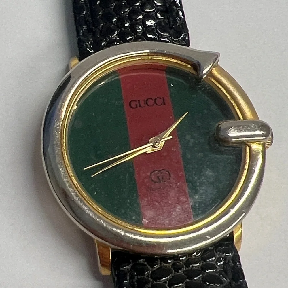 Vintage Watch Green-Red-Green Dial Black Lizard Embossed Leather Strap